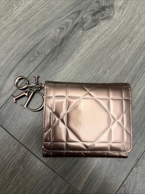 Dior Metallic Rose Gold Quilted Small Wallet with Dior Charms